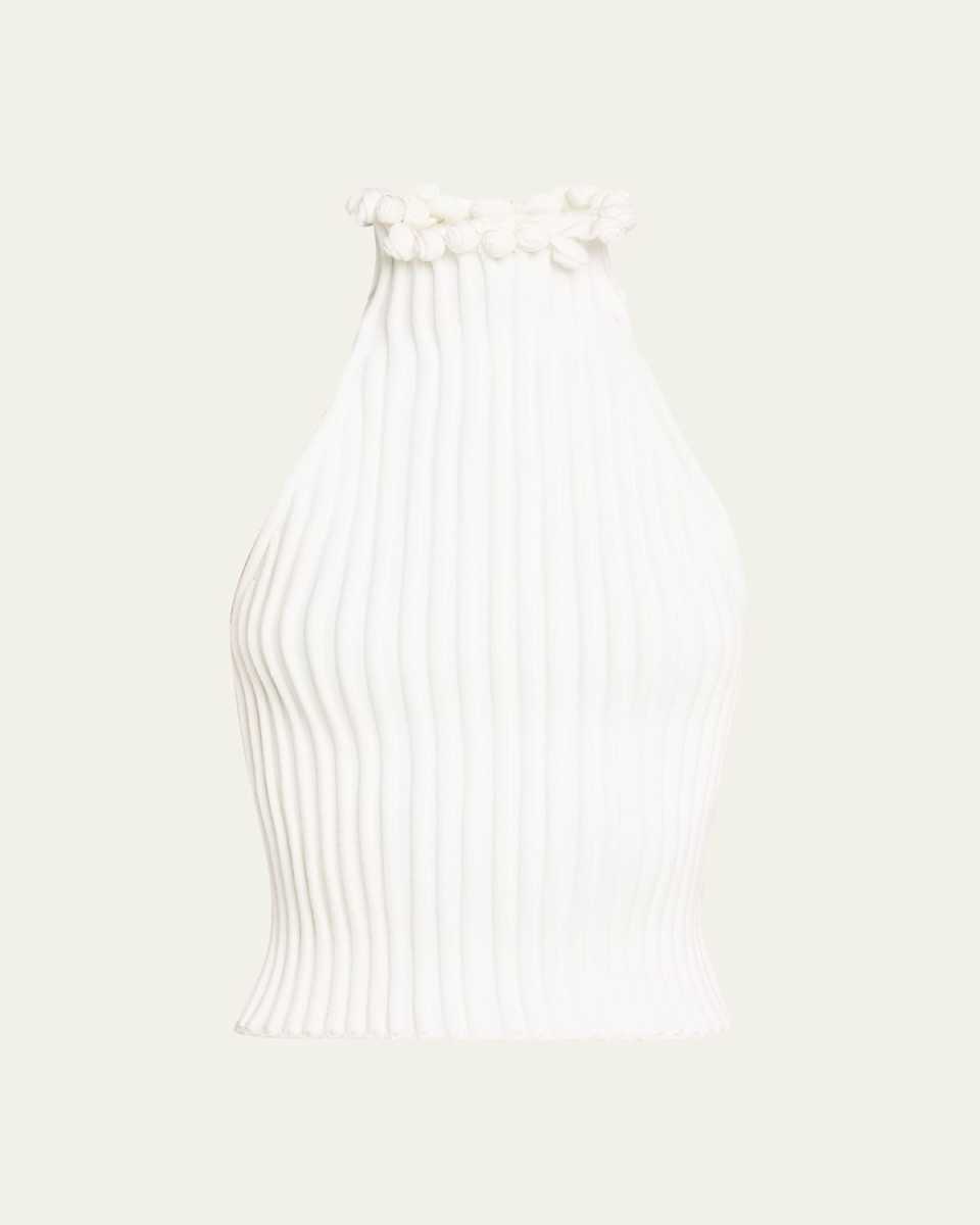 Ribbed Knit Curled Trim Halter Top